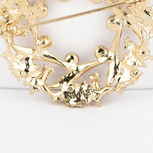 Vintage Napier Brooch Signed Gold Tone Circle Wreath Bright Deep Red Baby Pink - Picture 3 of 7